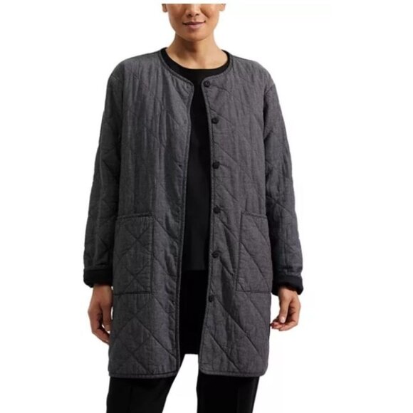 Eileen Fisher Long Quilted Coat Jacket Black Size M  Organic Cotton Women's - Picture 4 of 5